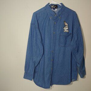 TOP LINE Vintage LOONEY TUNES Bugs And Taz Embroidered Denim Shirt Size XL Blue